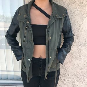 Olive green jacket with pleather sleeves